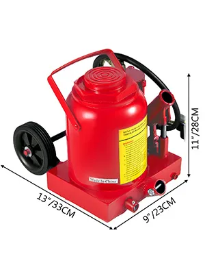red VEVOR air hydraulic bottle jack with dimensions 13"x9"x11" and wheels.