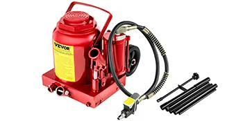 VEVOR air hydraulic bottle jack with a red body, hose, and detachable handles.
