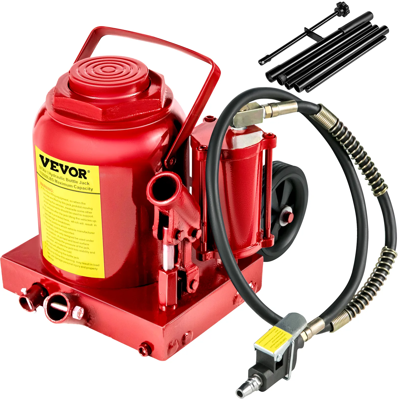 red VEVOR air hydraulic bottle jack with a hose and extension rods.