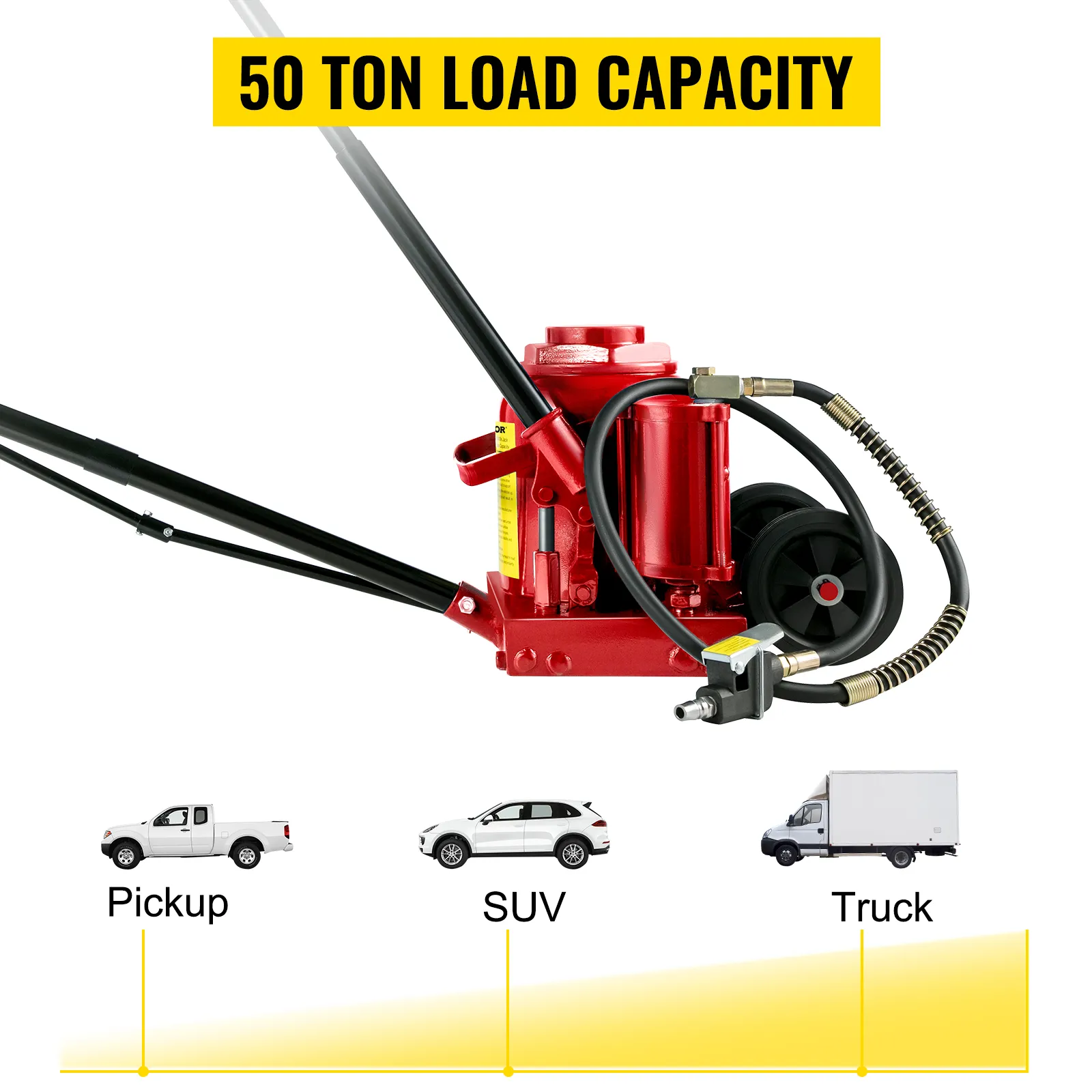 VEVOR air hydraulic bottle jack, 50 ton load capacity for pickup, suv, and truck.