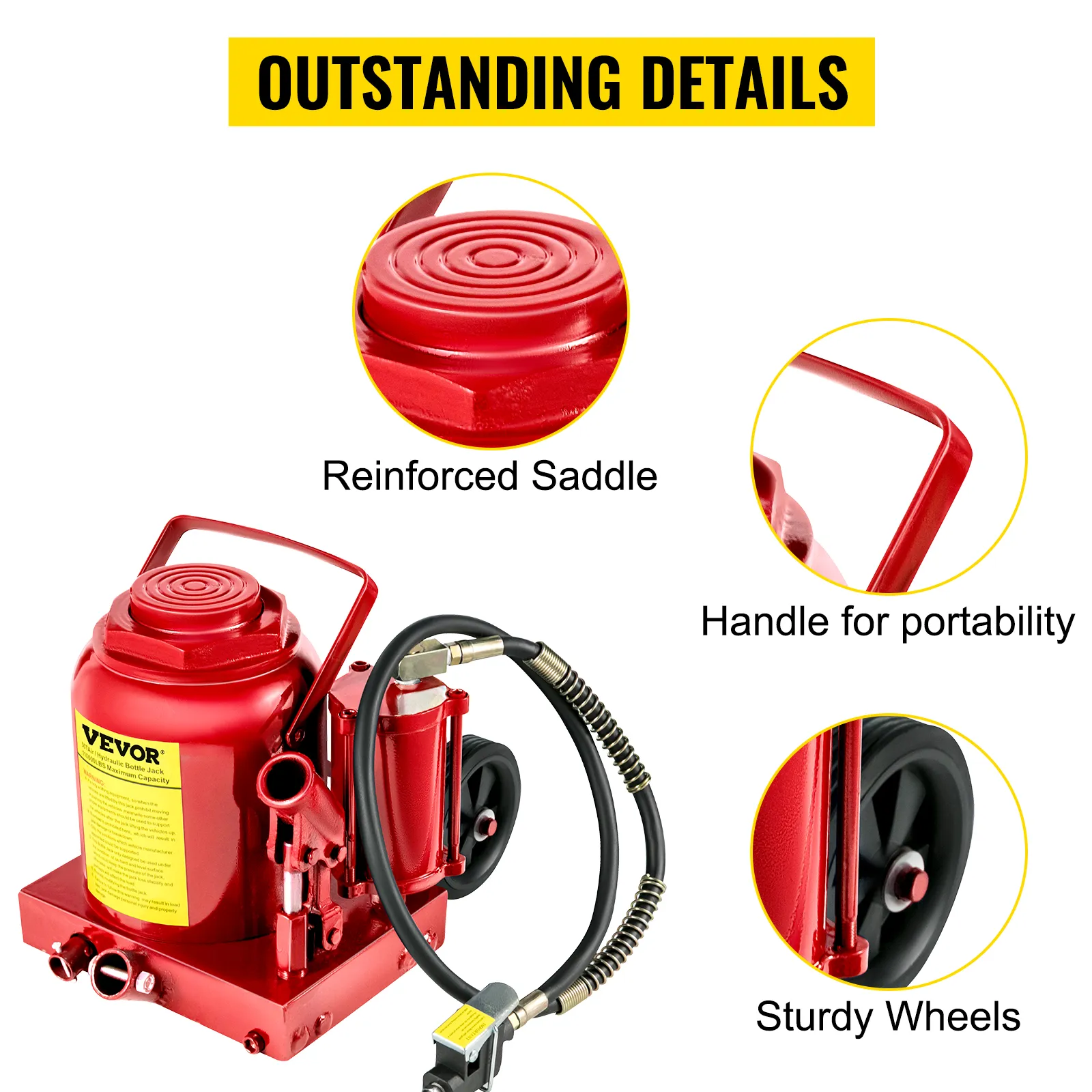 VEVOR air hydraulic bottle jack with reinforced saddle, handle, and sturdy wheels.