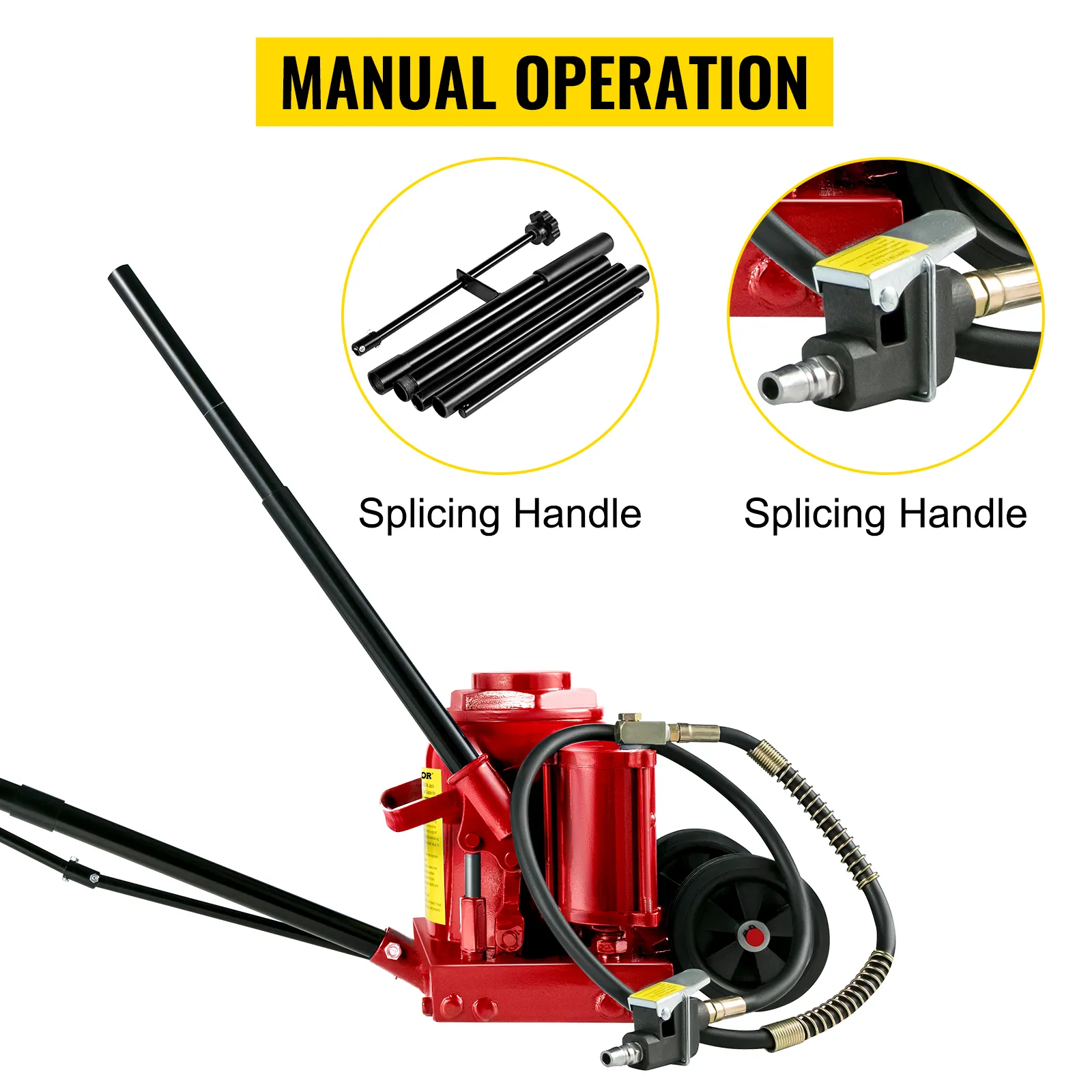 VEVOR air hydraulic bottle jack with splicing handle and manual operation.