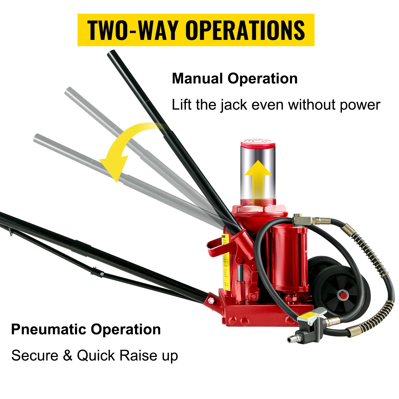 VEVOR air hydraulic bottle jack with manual and pneumatic operation options.