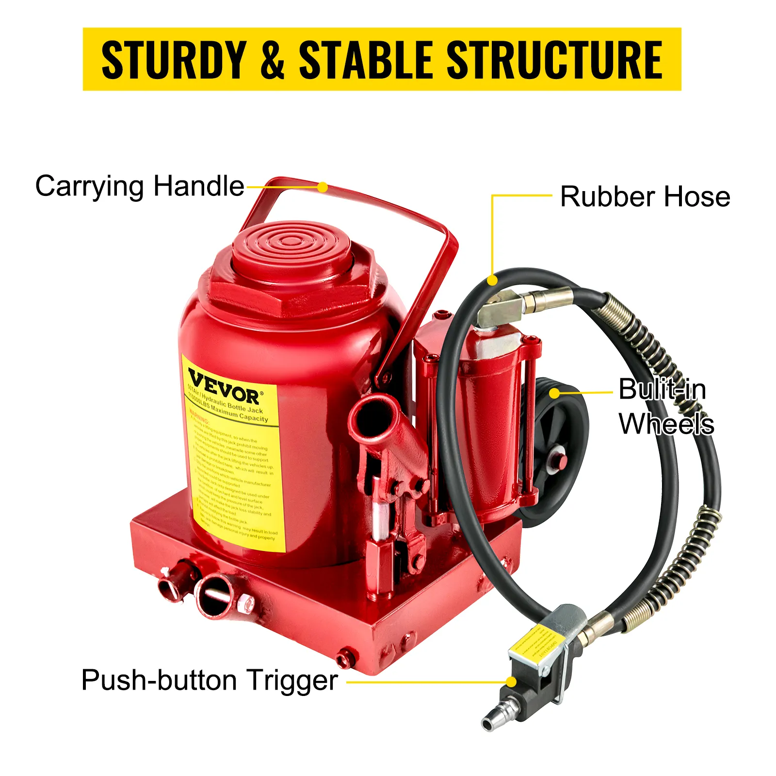 VEVOR air hydraulic bottle jack with rubber hose, push-button trigger, and carrying handle.