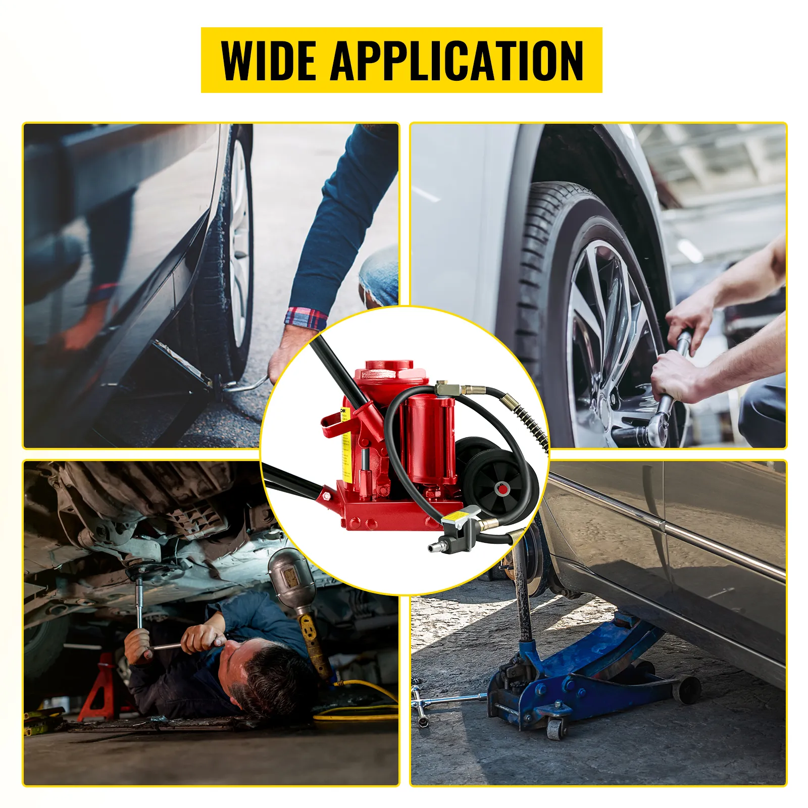 VEVOR air hydraulic bottle jack for car repairs and tire changes, wide application.