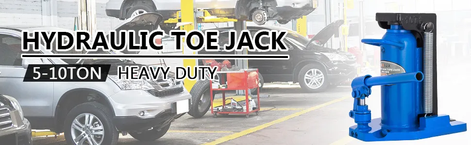 VEVOR hydraulic toe jack in an auto repair shop with cars and lifting equipment.