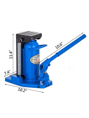 blue VEVOR hydraulic toe jack with dimensions marked: 10.2"x7.4"x11.4"x10.6".