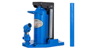 blue VEVOR hydraulic toe jack and handle standing against white background