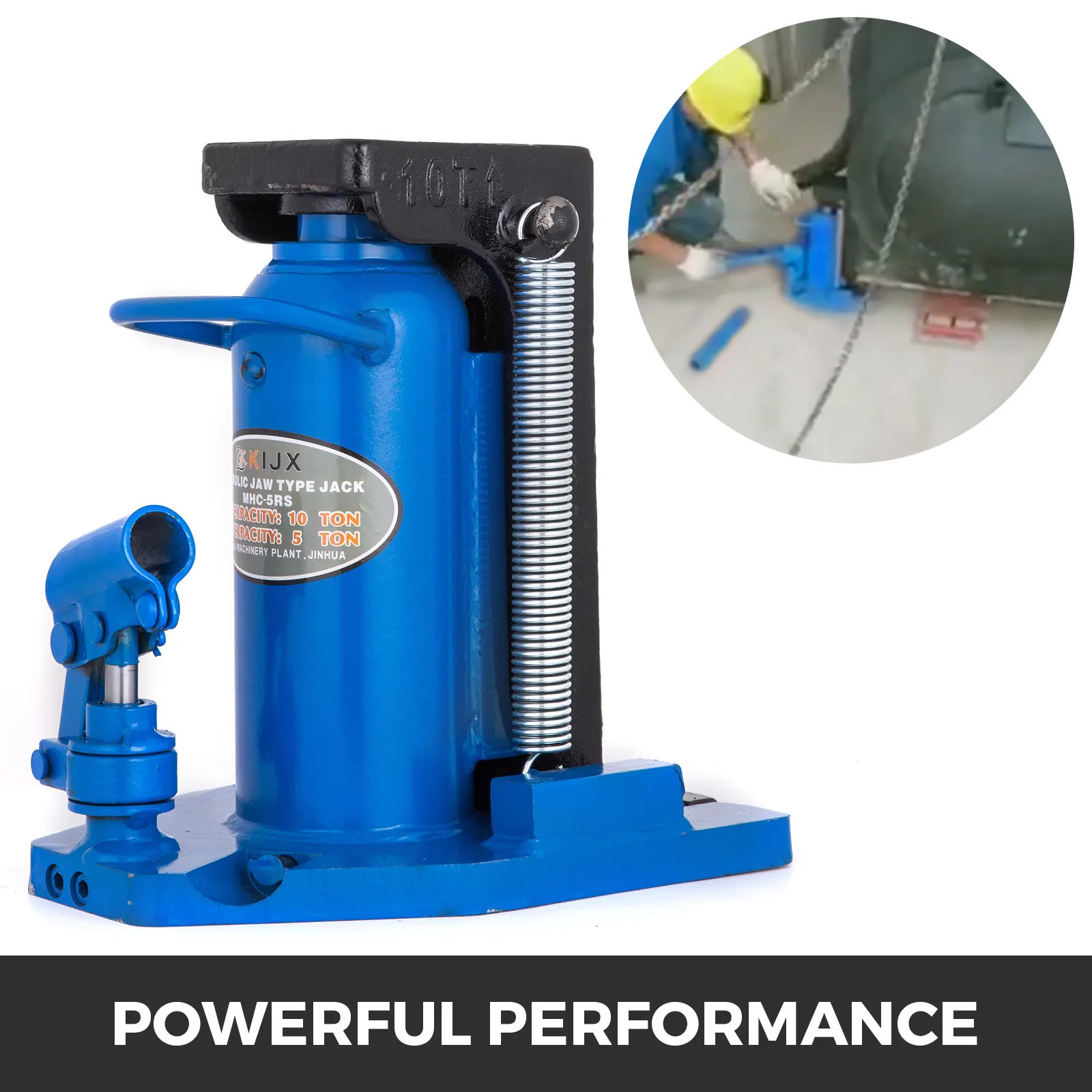 VEVOR hydraulic toe jack lifting heavy equipment, demonstrating powerful performance.