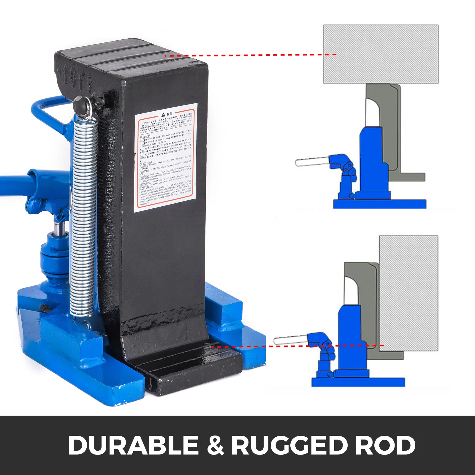 VEVOR hydraulic toe jack with durable and rugged rod in black and blue.