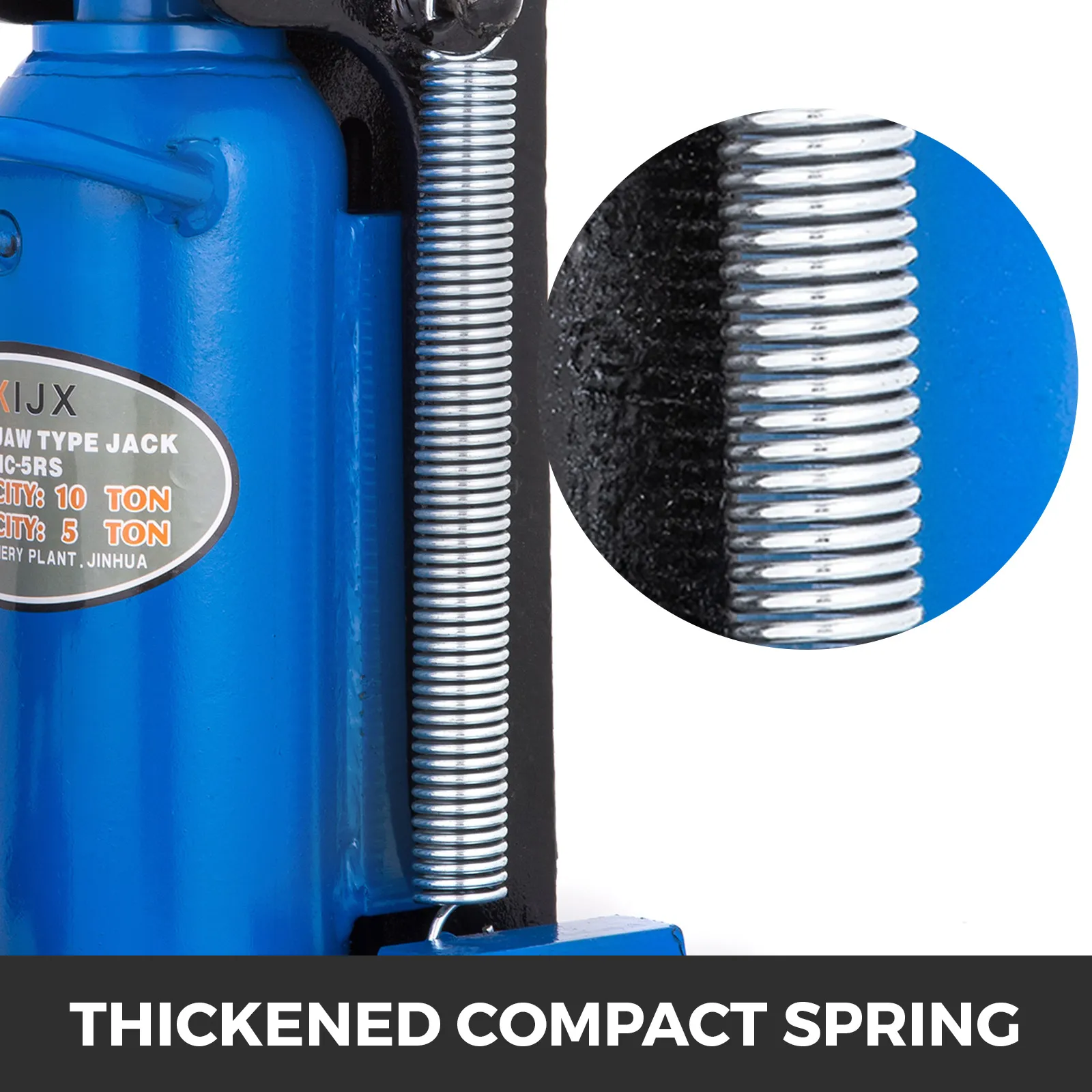 thickened compact spring on a VEVOR hydraulic toe jack with blue and black design.
