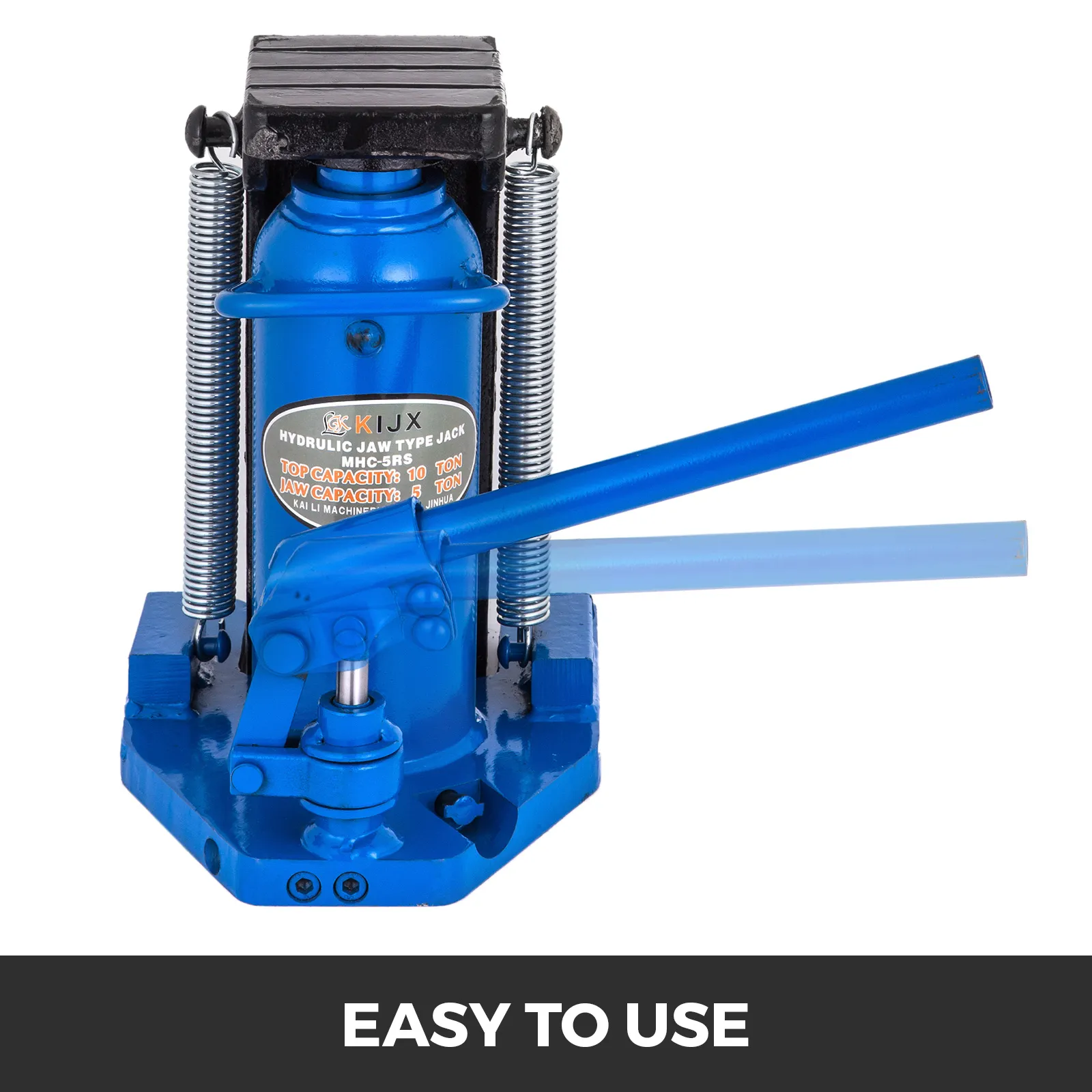 VEVOR hydraulic toe jack, blue body with handle and "easy to use" text at the bottom.