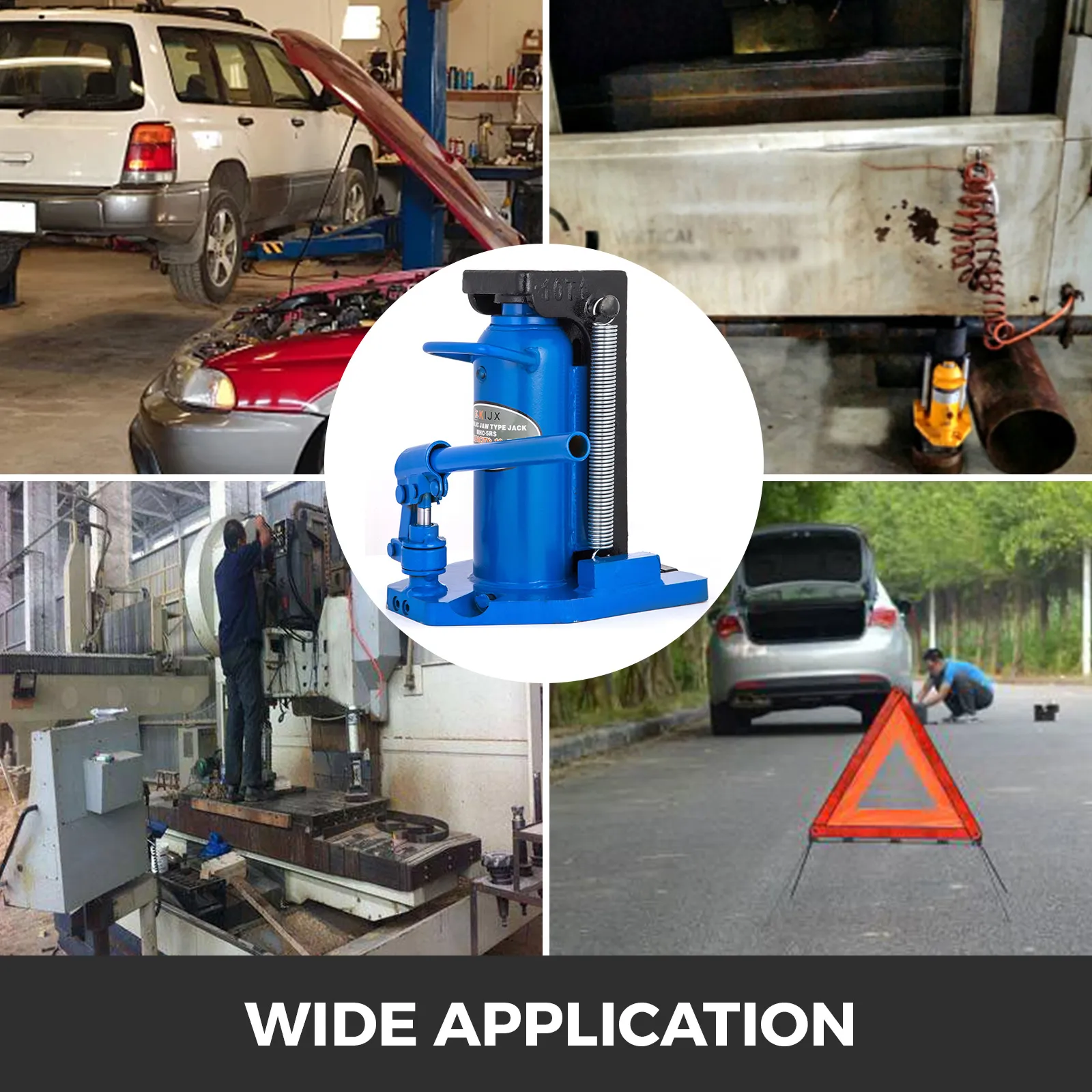 VEVOR hydraulic toe jack used in auto repair, machinery maintenance, and roadside emergencies.