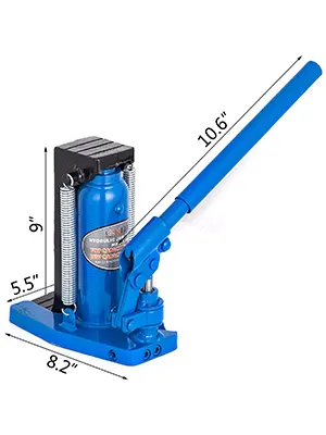 blue VEVOR hydraulic toe jack with dimensions marked on handle and base.