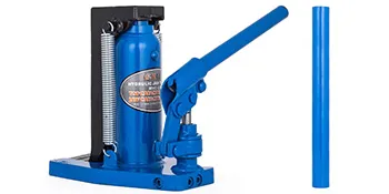 blue VEVOR hydraulic toe jack with handle and separate extension rod.