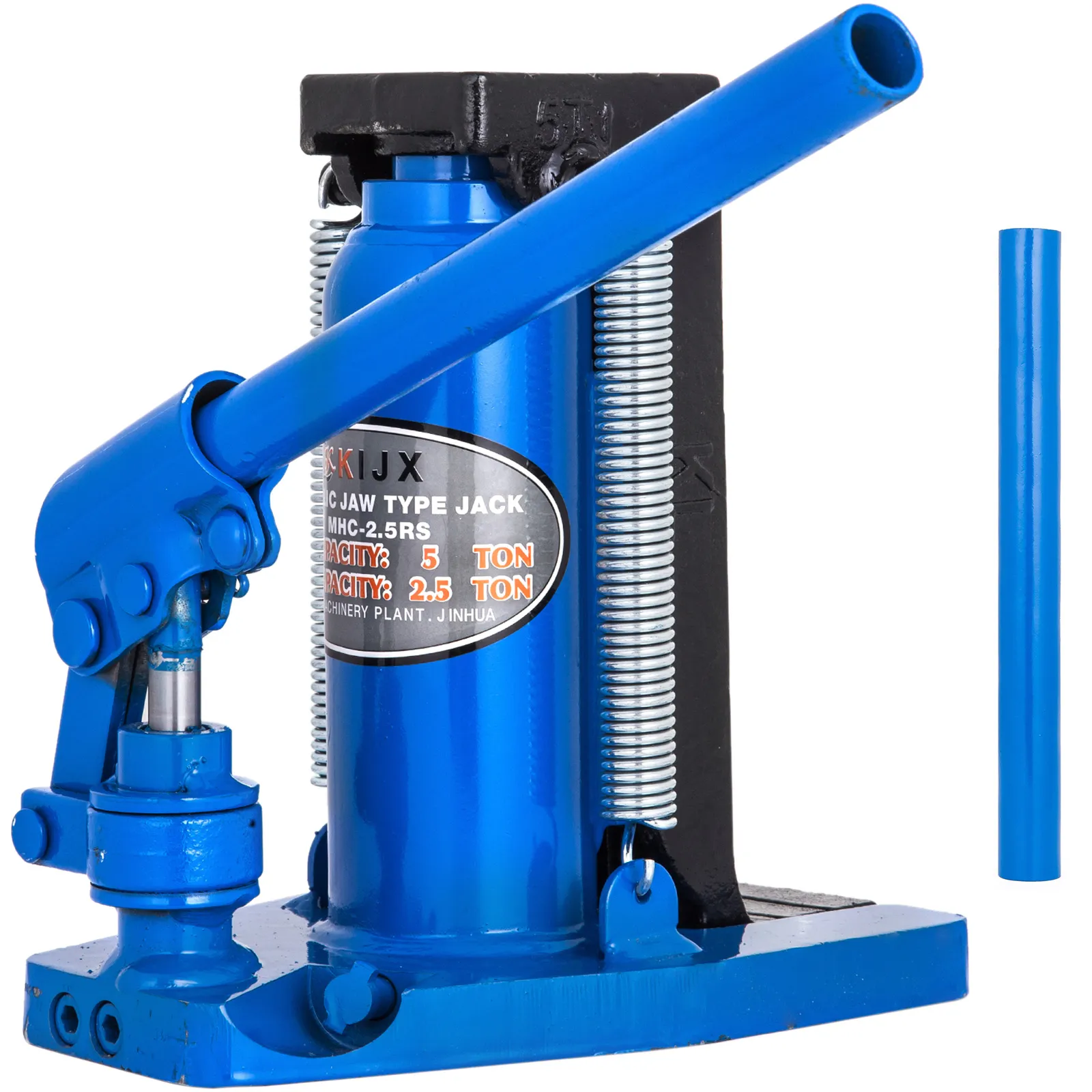 blue VEVOR hydraulic toe jack with 5-ton capacity, handle included.