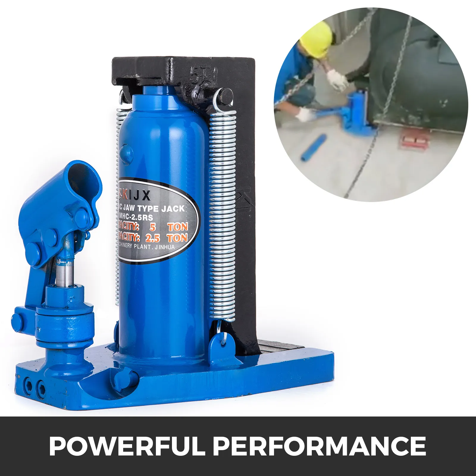 blue VEVOR hydraulic toe jack with worker using it to lift heavy machinery.