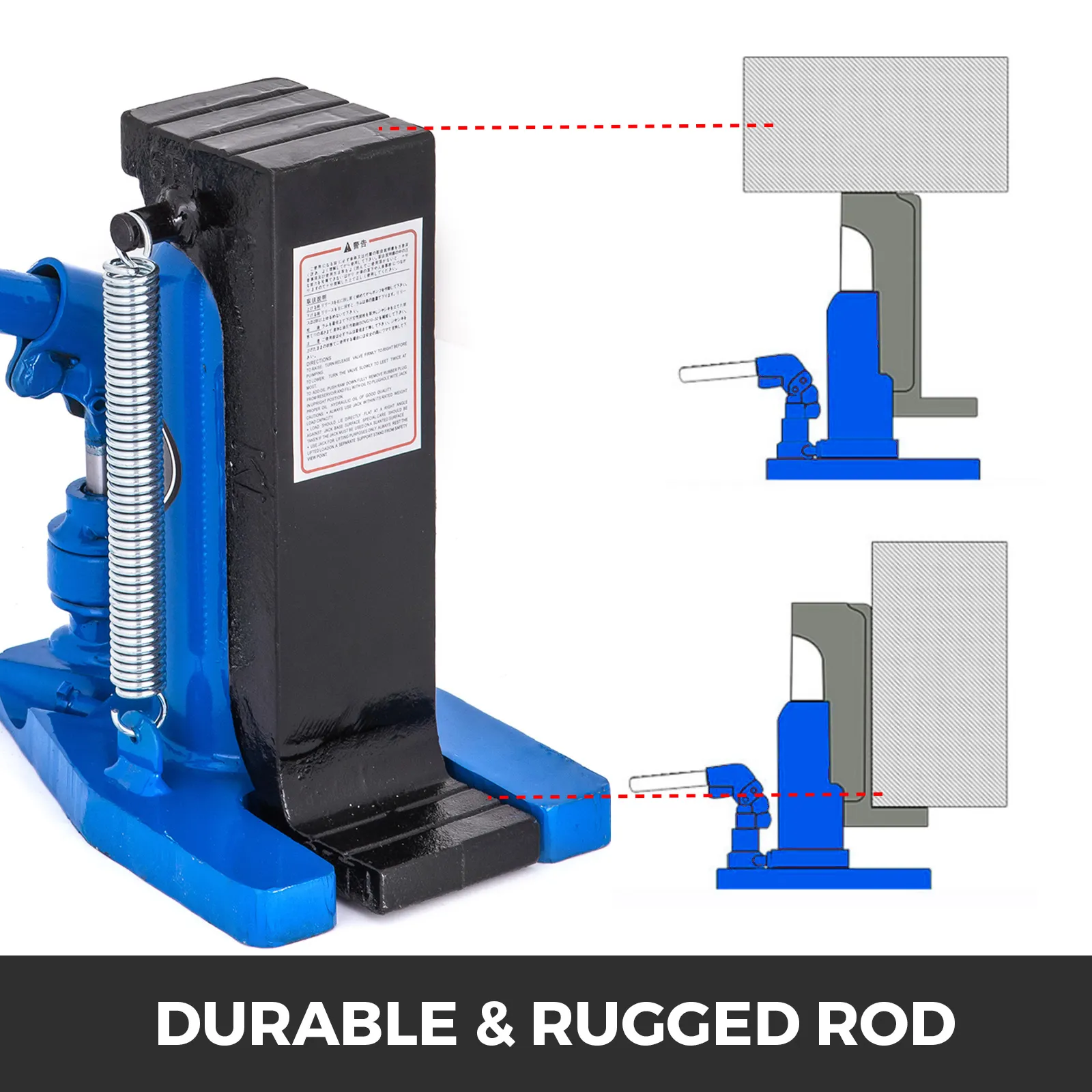 VEVOR hydraulic toe jack with durable, rugged rod and usage illustrations.