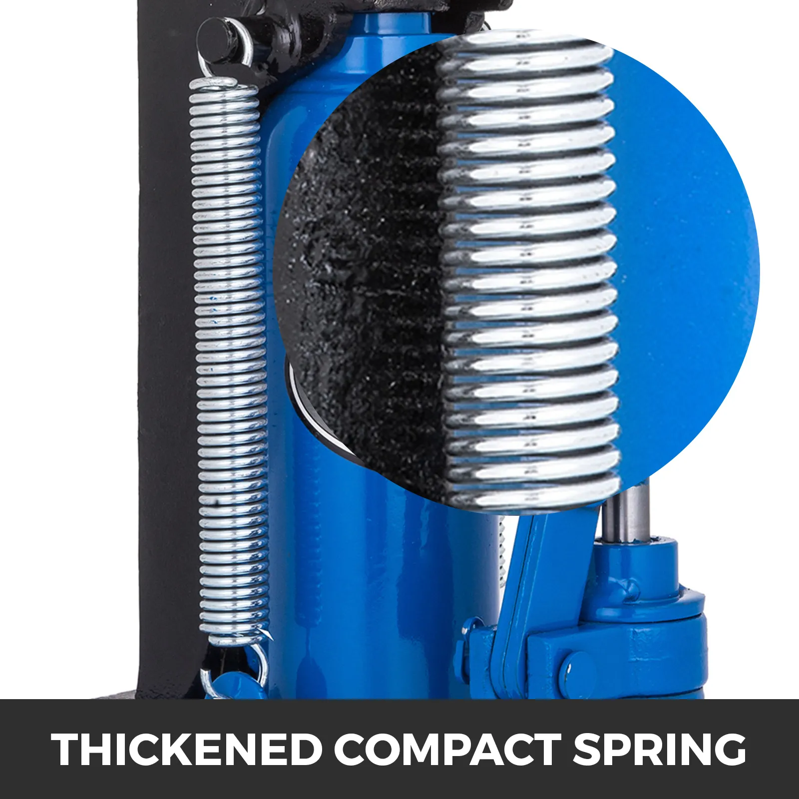 close-up of a VEVOR hydraulic toe jack with detailed view of its thickened compact spring.