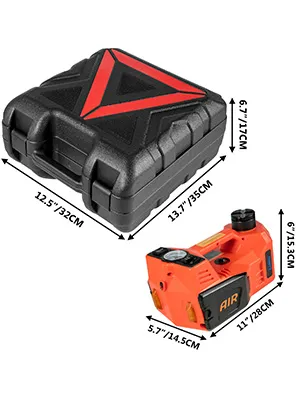 VEVOR electric car jack with carrying case, showing dimensions 13.7"x7.1" and 6.7"x7.5".