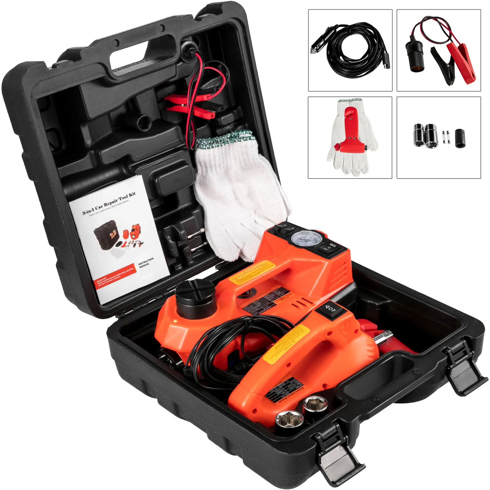 VEVOR electric car jack kit in a case with gloves, cables, and accessories.
