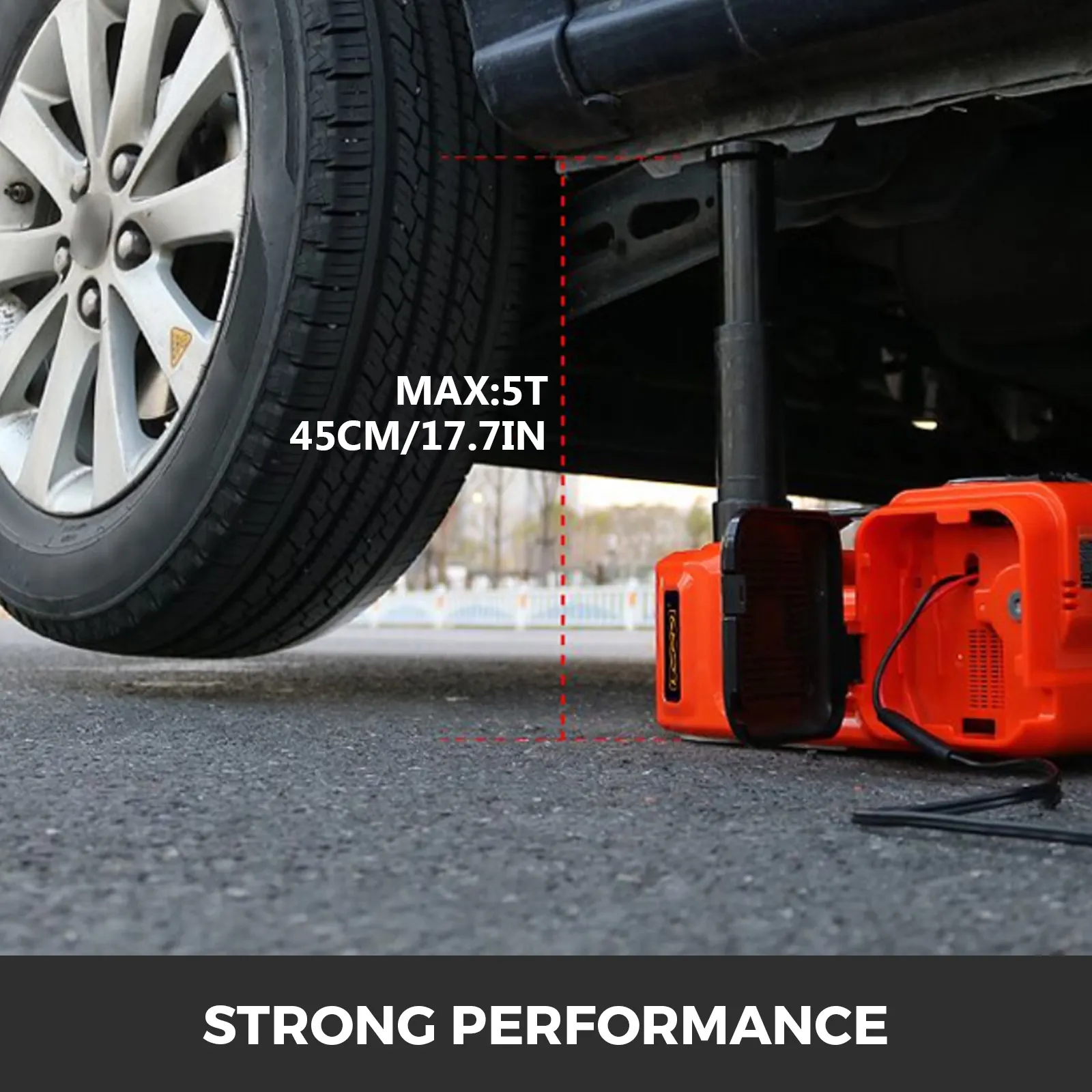 VEVOR electric car jack lifting a vehicle, max lifting height 45cm/17.7in at 5t capacity.