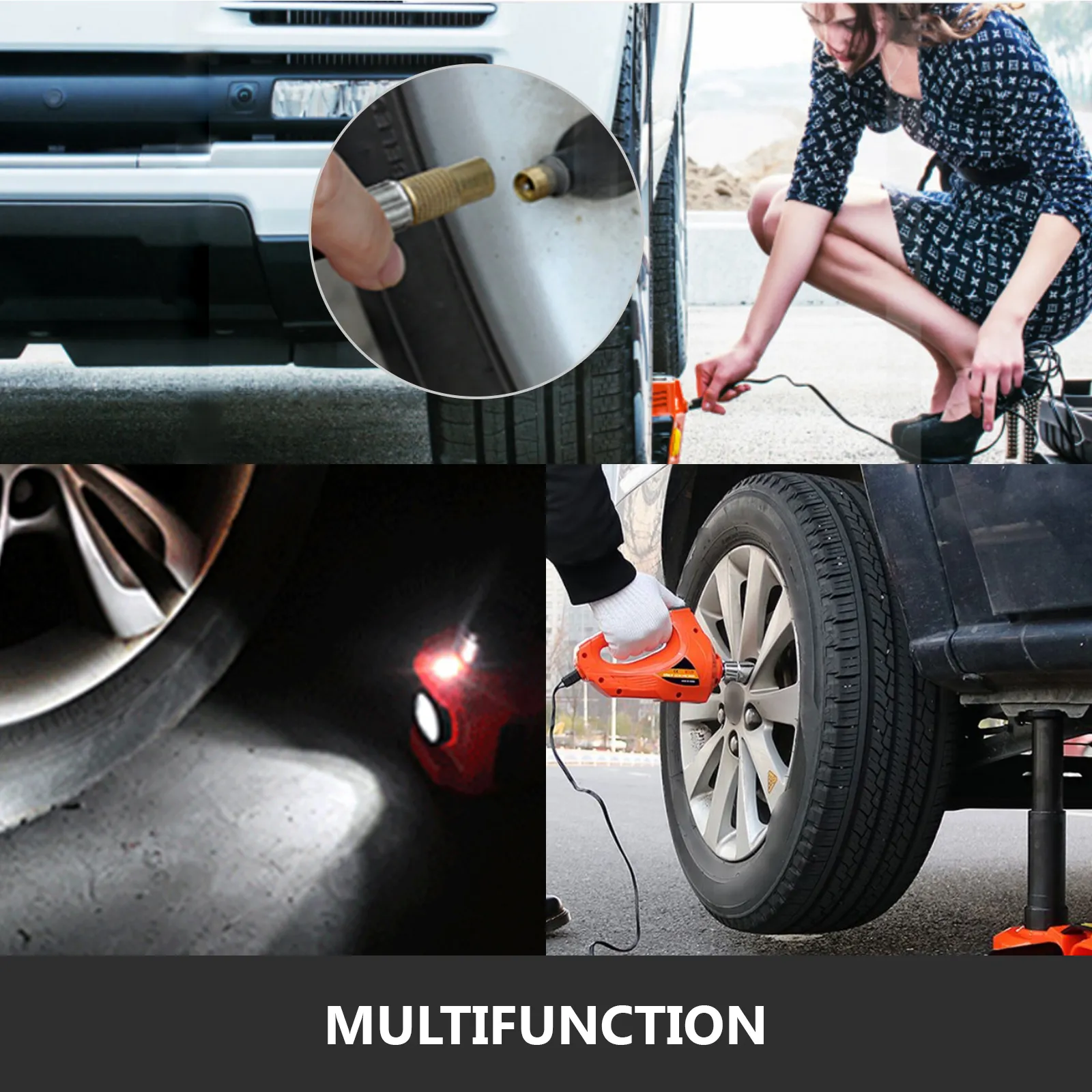 VEVOR electric car jack with multifunction capabilities for tire change and inflation.