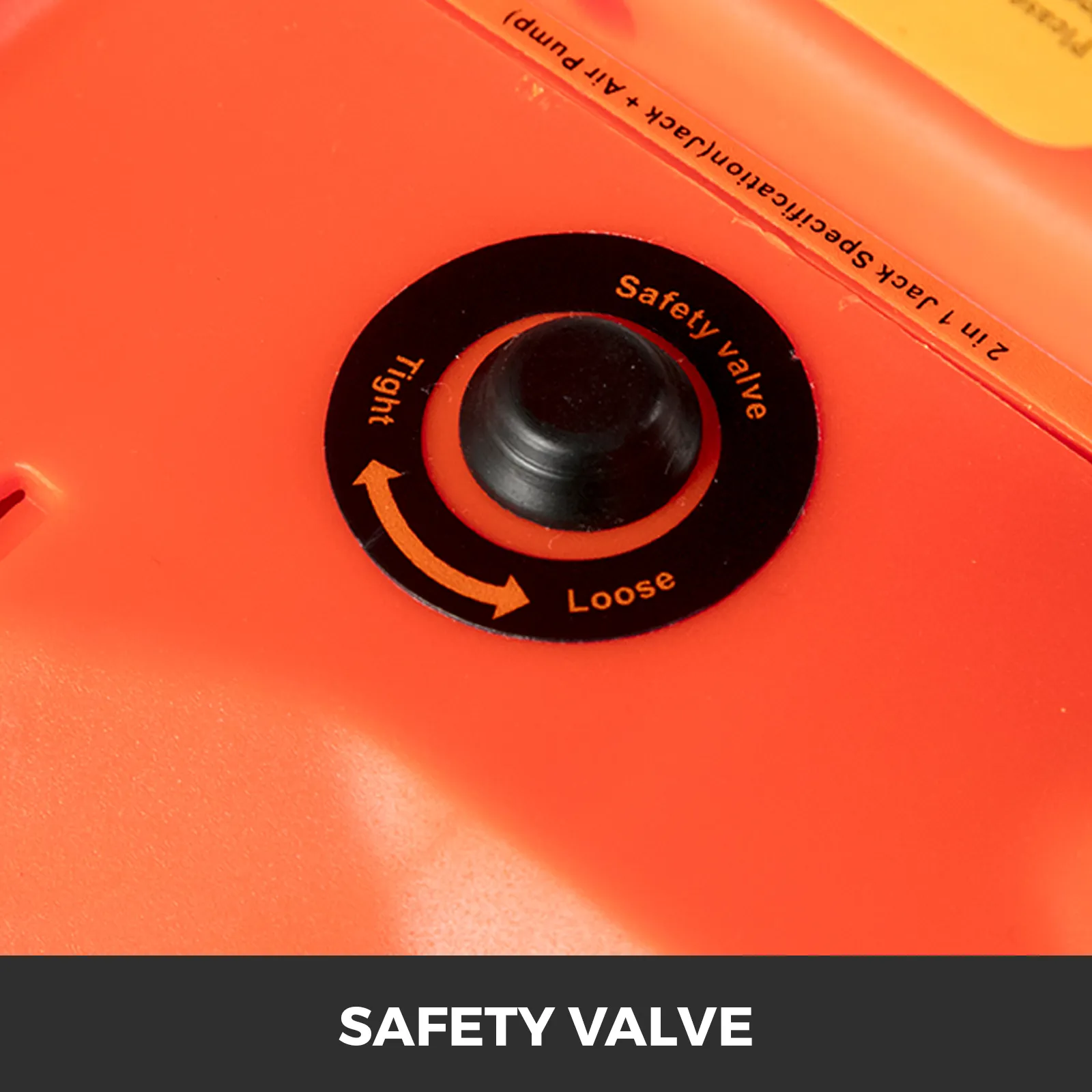 VEVOR electric car jack safety valve in close-up view, showing tight and loose directions.