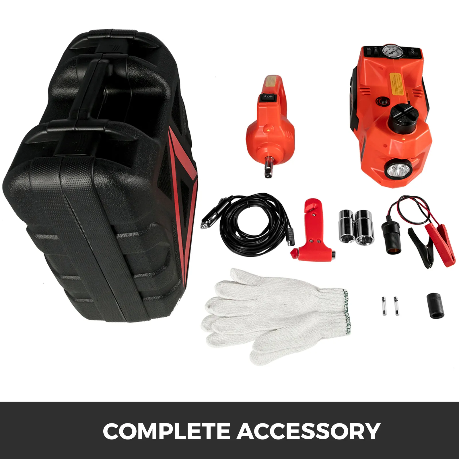 VEVOR electric car jack with accessories, gloves, and carrying case.