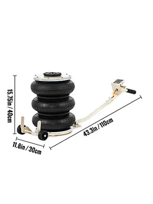Gato neumático VEVOR con dimensiones, incluye asa y pila de airbag.