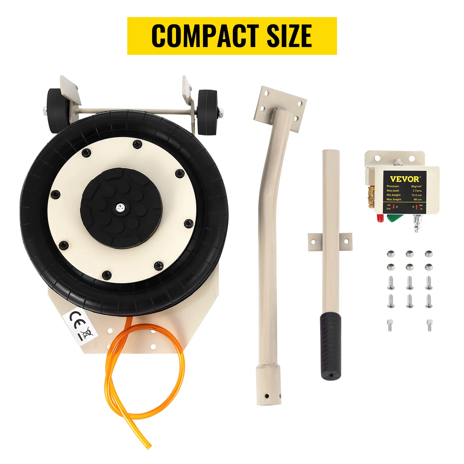 Gato neumático VEVOR de tamaño compacto con accesorios y hardware de montaje.