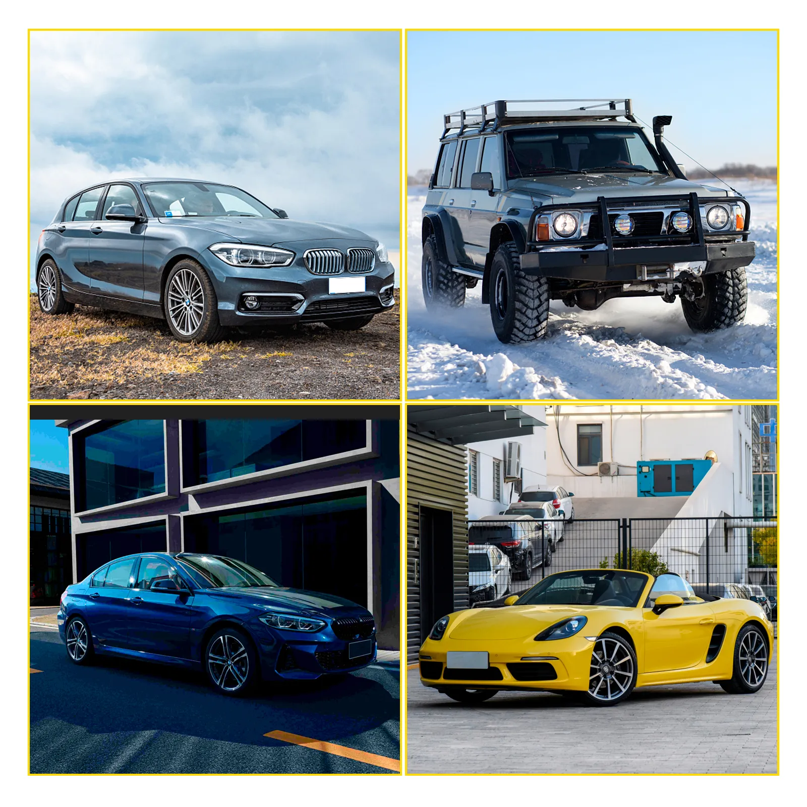 Se exhibieron cuatro automóviles diversos, incluido un todoterreno 4x4, un automóvil deportivo, un sedán de lujo y un automóvil compacto.