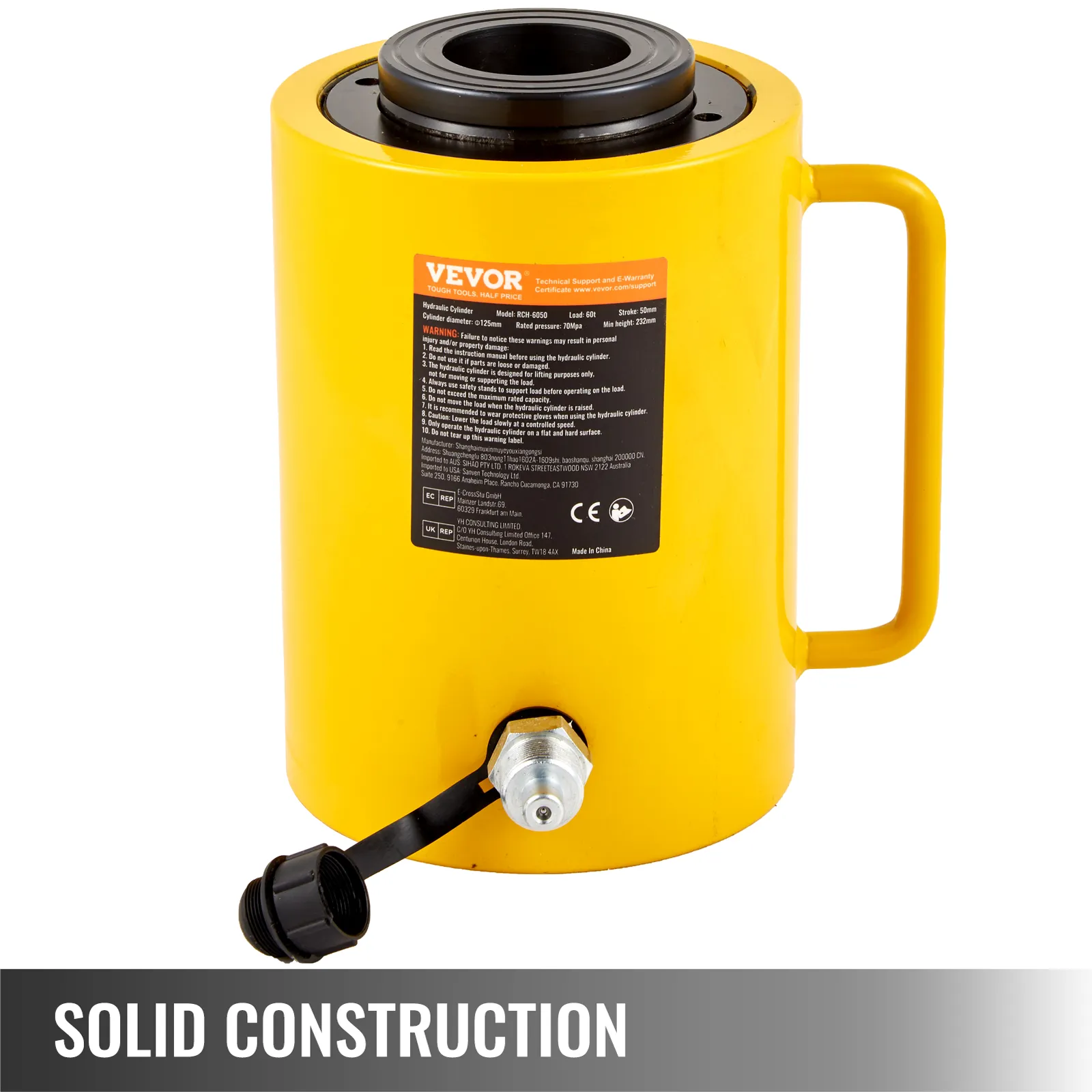 VEVOR hydraulic cylinder jack, 60-ton capacity, 50mm stroke, yellow body, solid construction.