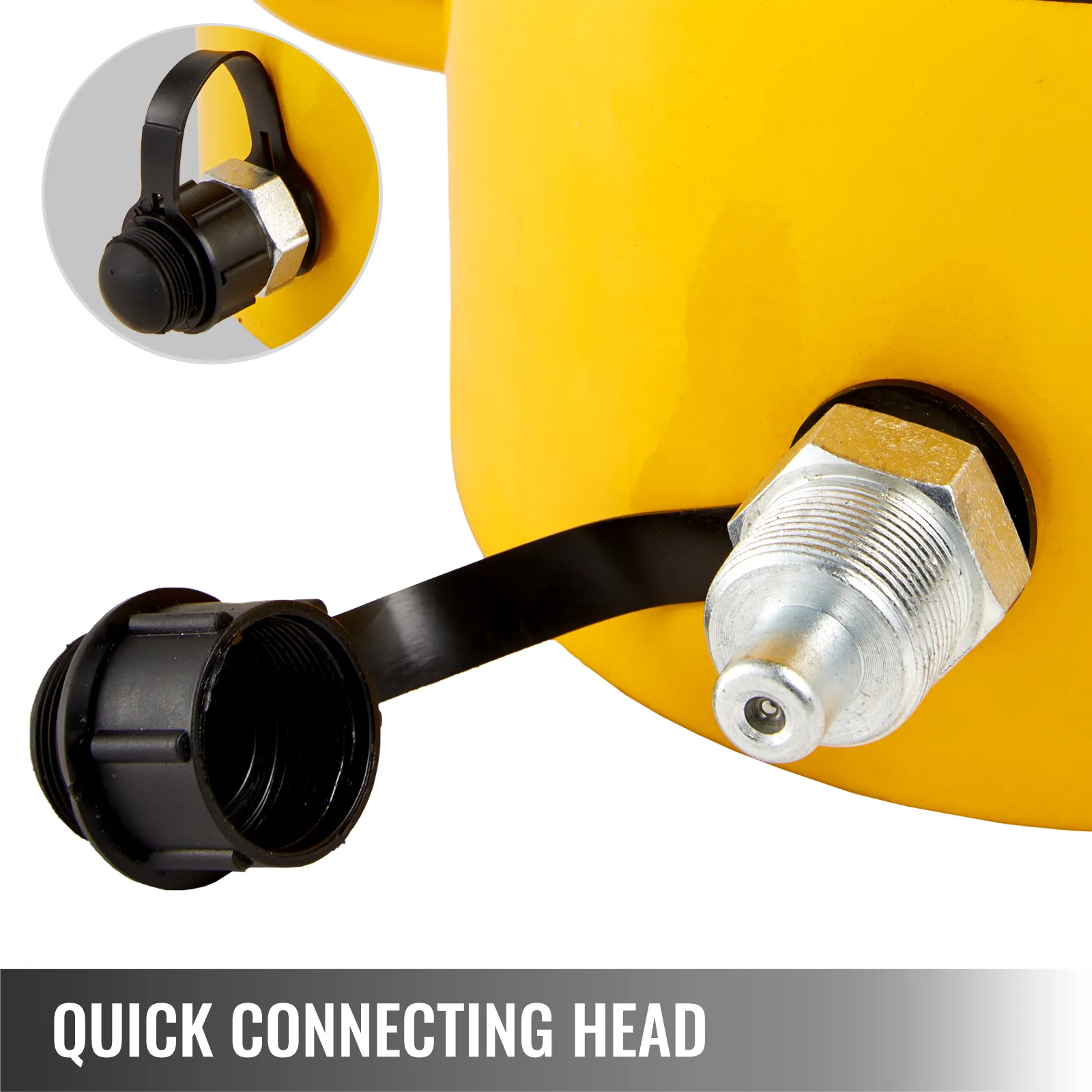 VEVOR hydraulic cylinder jack quick connecting head close-up with a yellow protective cap.