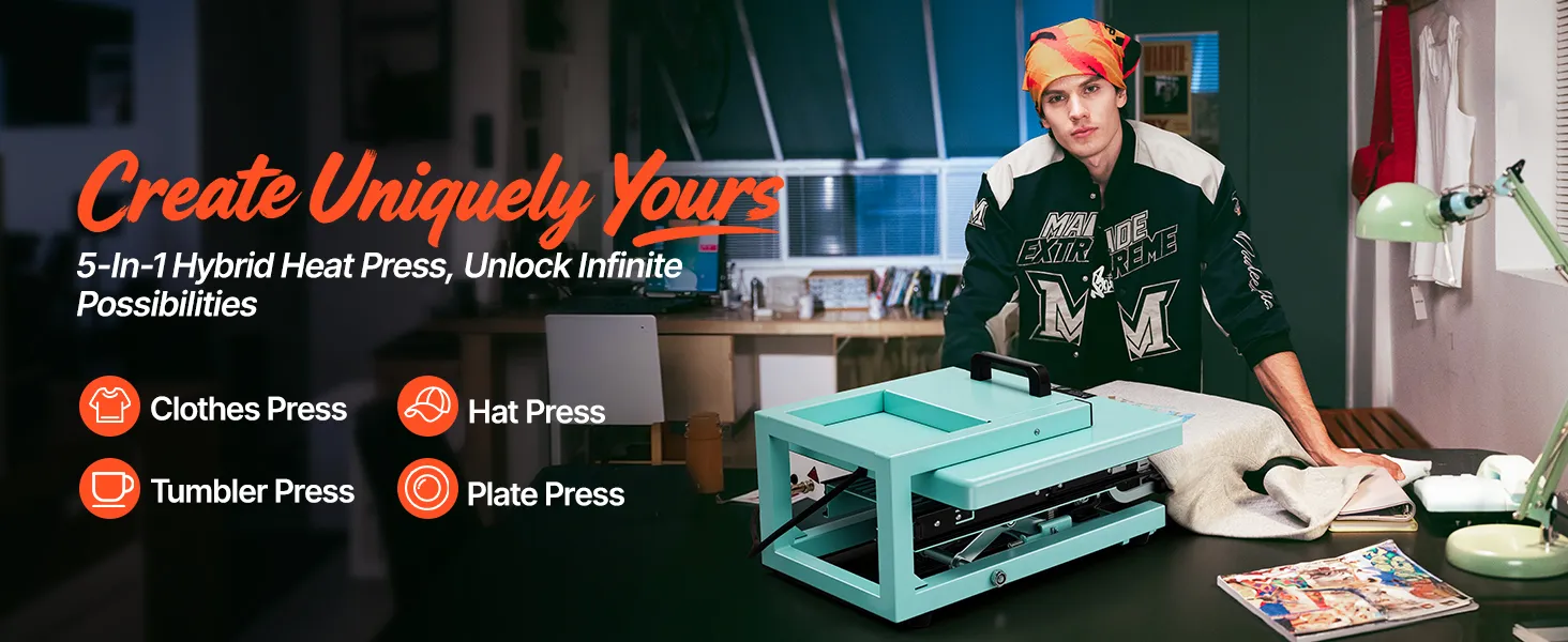 VEVOR Heat Press Machine, 15 x 15 inch, 5-in-1 Multifunction, Heat Up Fast and Even, All-New Patented Design, Easy to Control, Sublimation Press Machine for T-shirts/Tumblers/Caps/Plates, Light Green