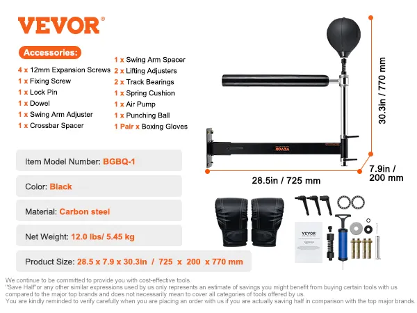 VEVOR wall mount boxing spinning bar features black carbon steel, gloves, punching ball, and accessories.