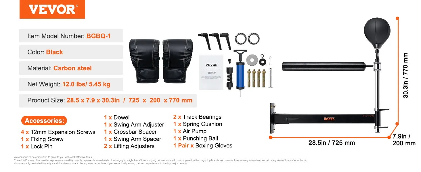 VEVOR wall mount boxing spinning bar features black carbon steel, gloves, punching ball, and accessories.
