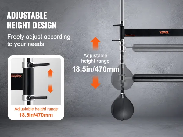 adjustable VEVOR wall mount boxing spinning bar, height range 18.5in/470mm, mounted on gray wall.