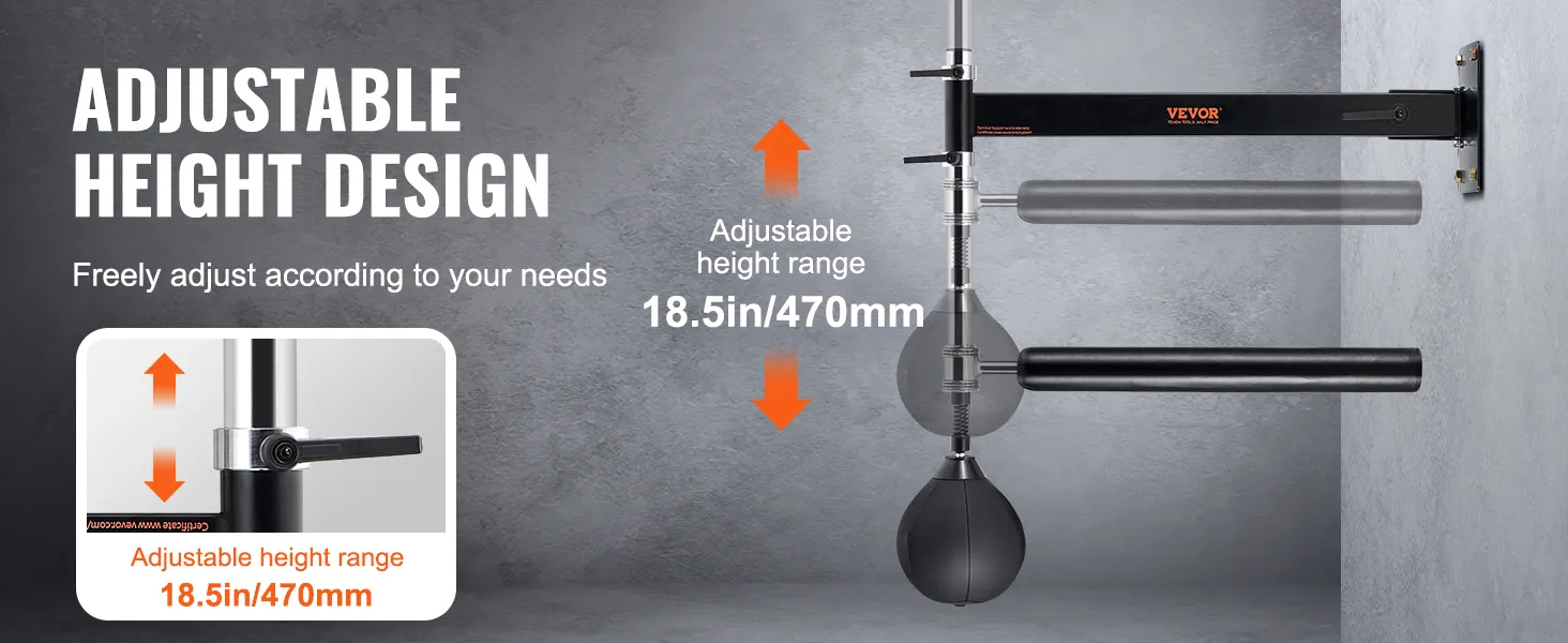 adjustable VEVOR wall mount boxing spinning bar, height range 18.5in/470mm, mounted on gray wall.