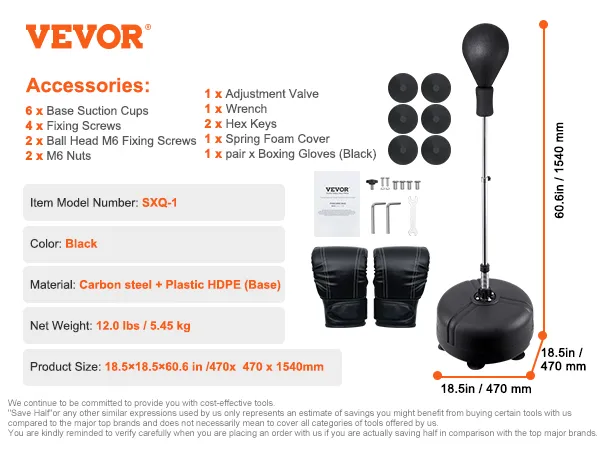 VEVOR punching bag details with black gloves, adjustable stand, and base dimensions 18.5x18.5x60.6 inches.