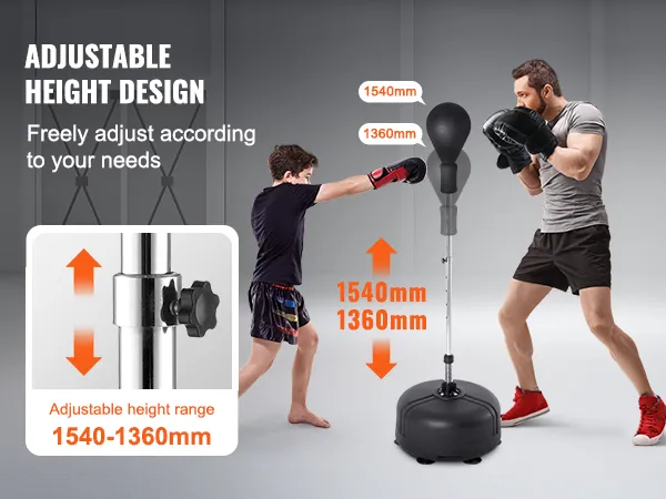 VEVOR punching bag with adjustable height for varied workouts, 1540mm and 1360mm setting options.