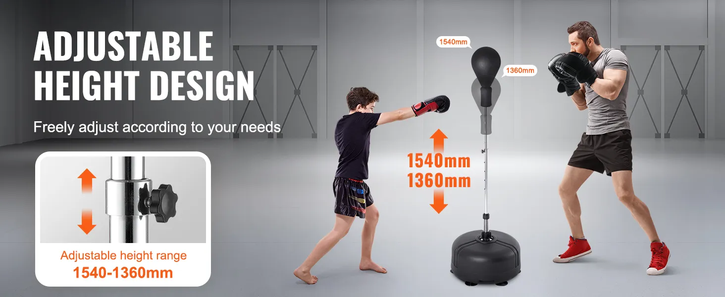 VEVOR punching bag with adjustable height for varied workouts, 1540mm and 1360mm setting options.