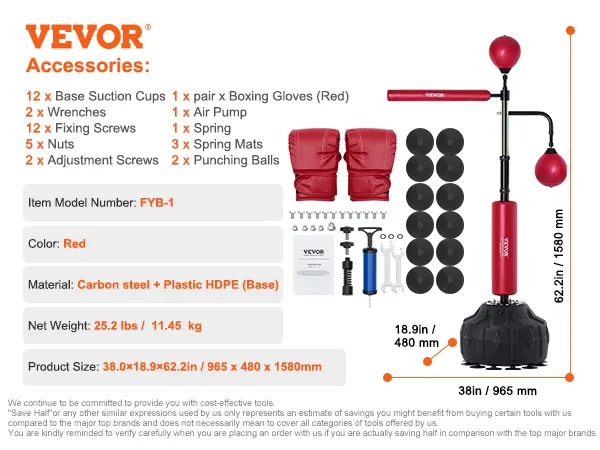 VEVOR boxing speed trainer with red gloves, suction cups, air pump, spring, and punching balls.