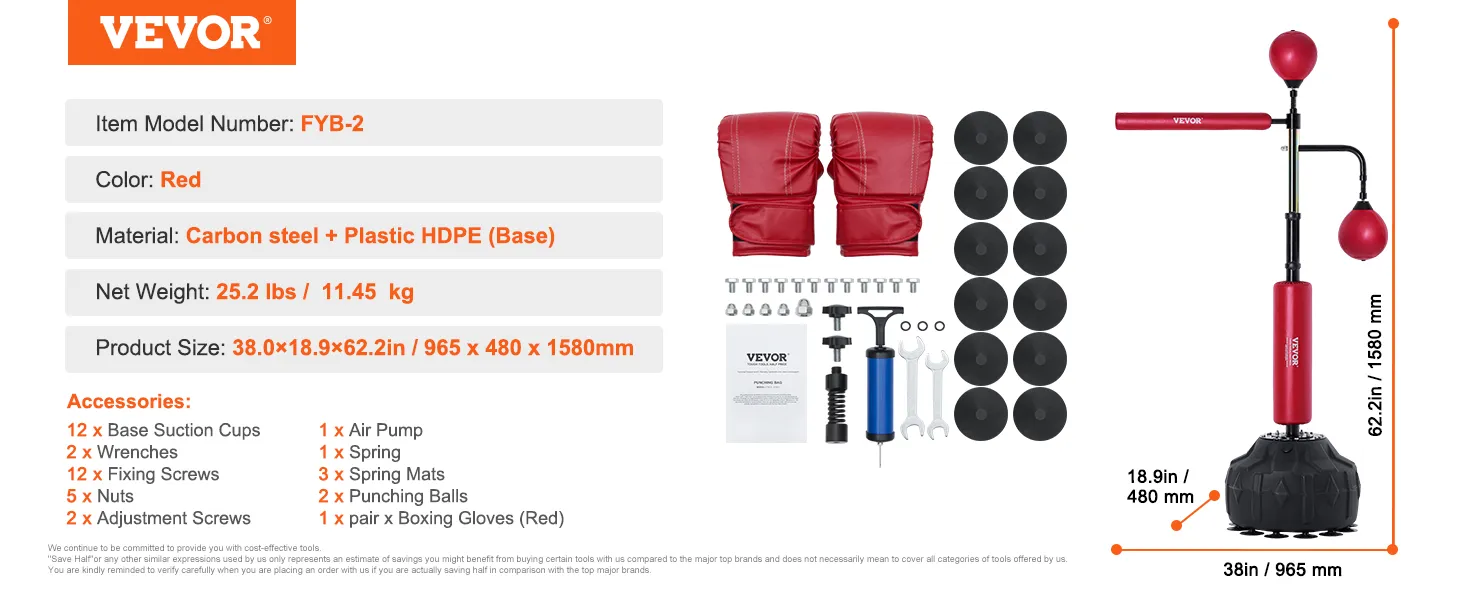 VEVOR boxing speed trainer with red gloves, suction cups, air pump, spring, and punching balls.