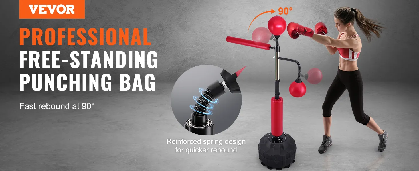 professional free-standing punching bag by VEVOR featuring 90° fast rebound and reinforced spring design.