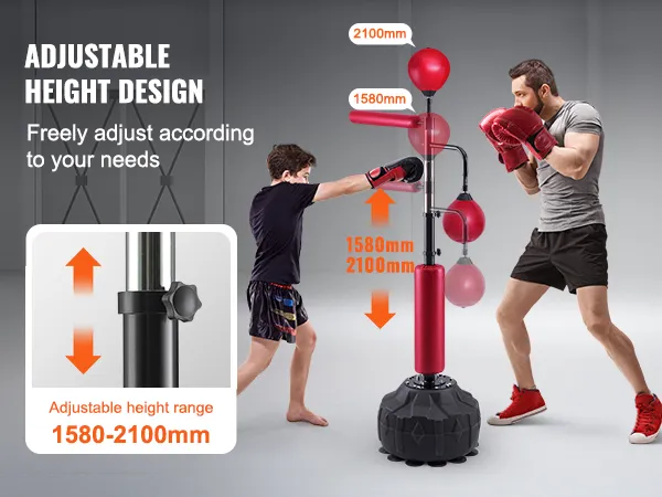 two people training with an adjustable VEVOR boxing speed trainer, height range 1580-2100mm.