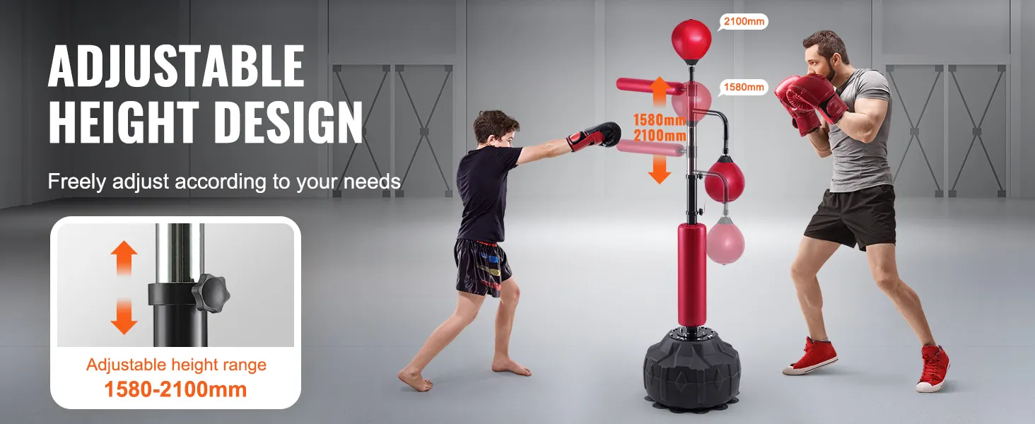 two people training with an adjustable VEVOR boxing speed trainer, height range 1580-2100mm.