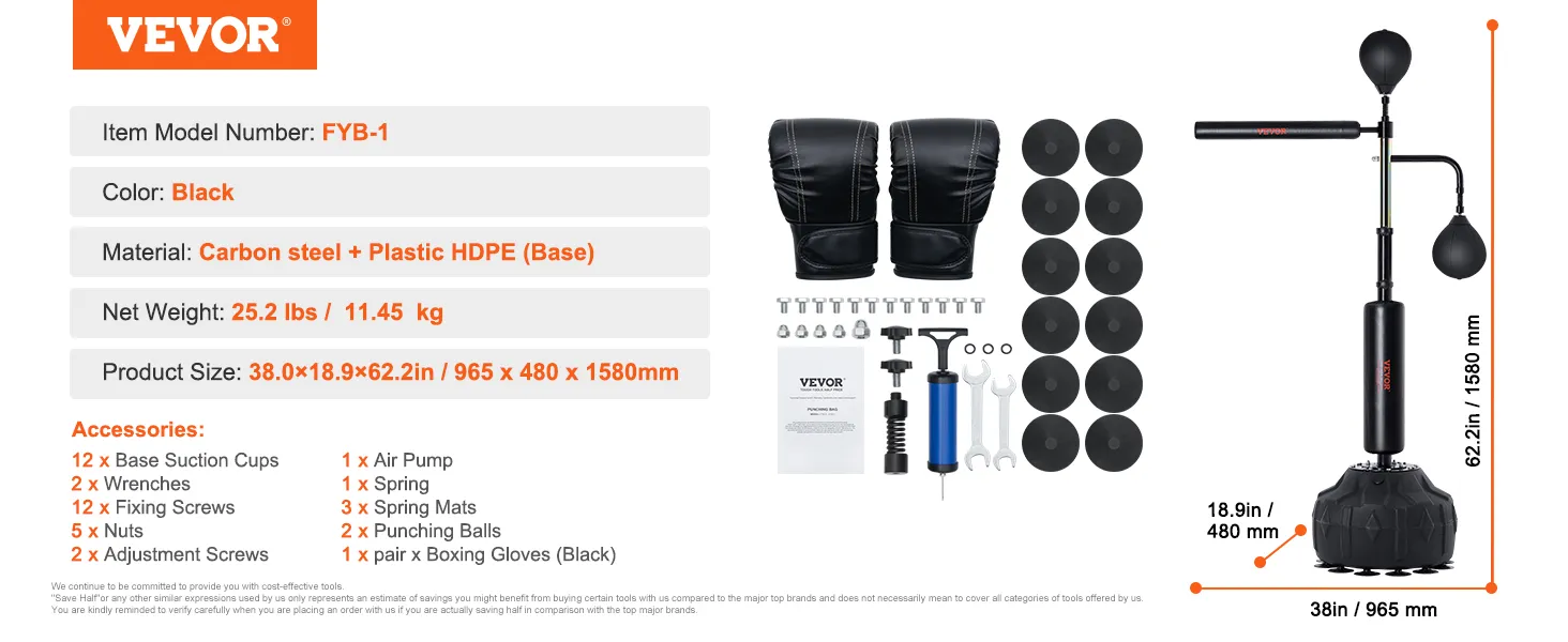 VEVOR boxing speed trainer components and size details with boxing gloves and accessories included.