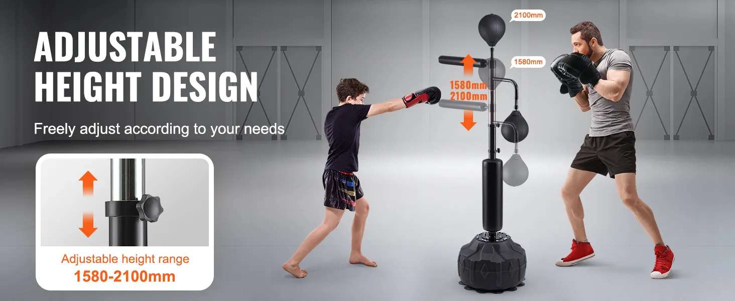 two individuals training with the adjustable VEVOR boxing speed trainer, height range 1580-2100mm.
