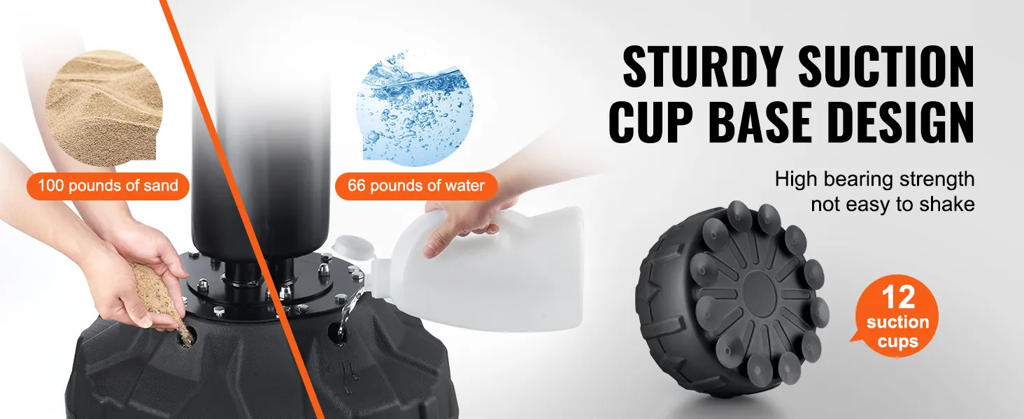 VEVOR boxing speed trainer with sturdy suction cup base, supporting 100 lbs of sand or 66 lbs of water.